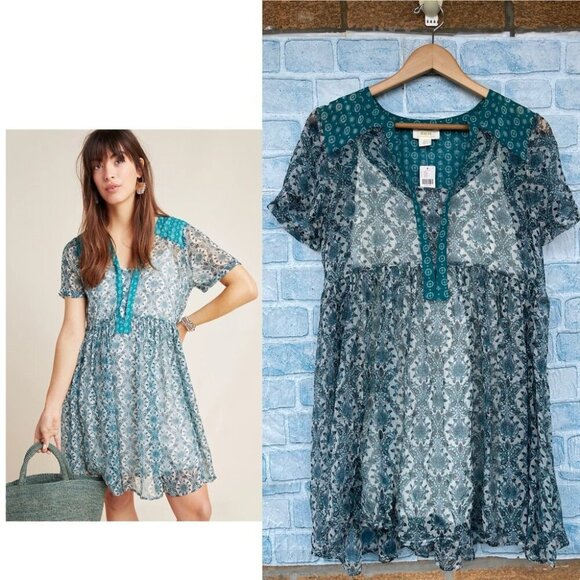 Anthropologie Maeve teal chiffon mini dress size small - Picture 1 of 16